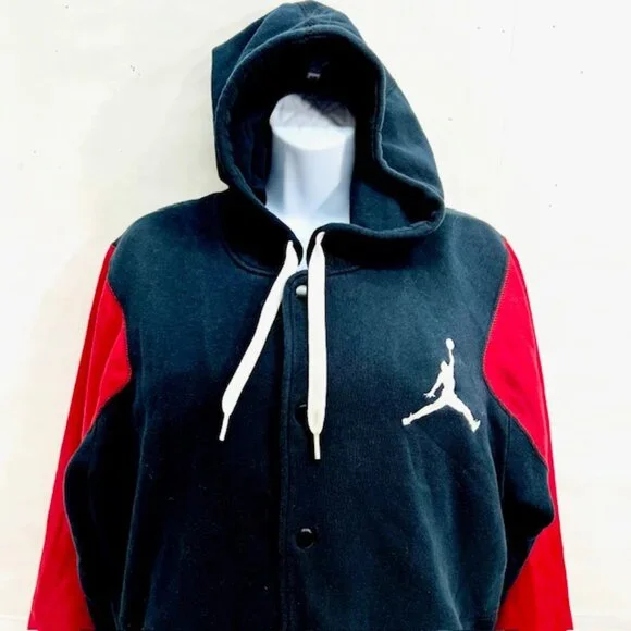 Air Jordan Hoodie Men’s  L Button Fleece Sweat Jacket Embroidered Logo black Red - Picture 2 of 9
